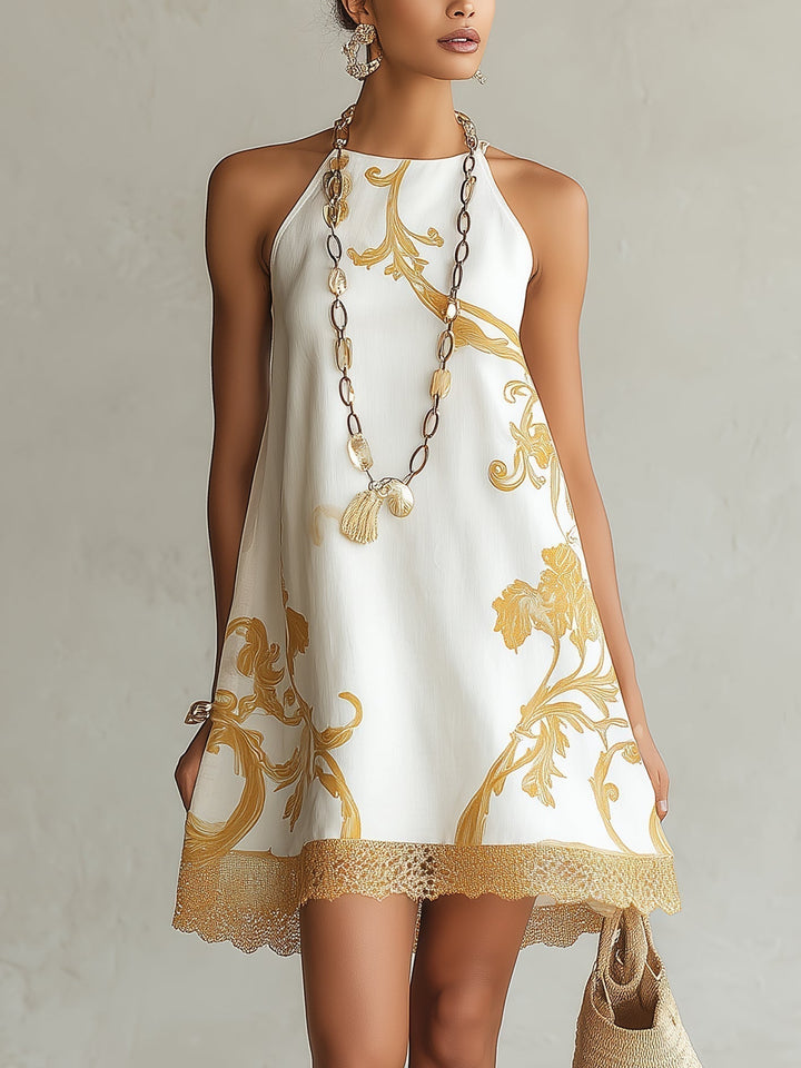 Héloïse | Mini Dress in White Lace with Golden Patterns