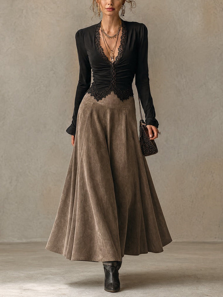 Abigail | Lace Top & Suede-Look Maxi Skirt Set