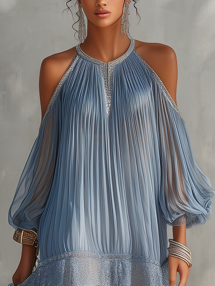 Celeste | Mini Blue Dress with Off-Shoulder Ruching and Lace Hem
