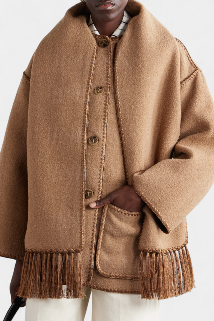 Pauline Coat Featuring Built-In Scarf and Elegant Flowing Design