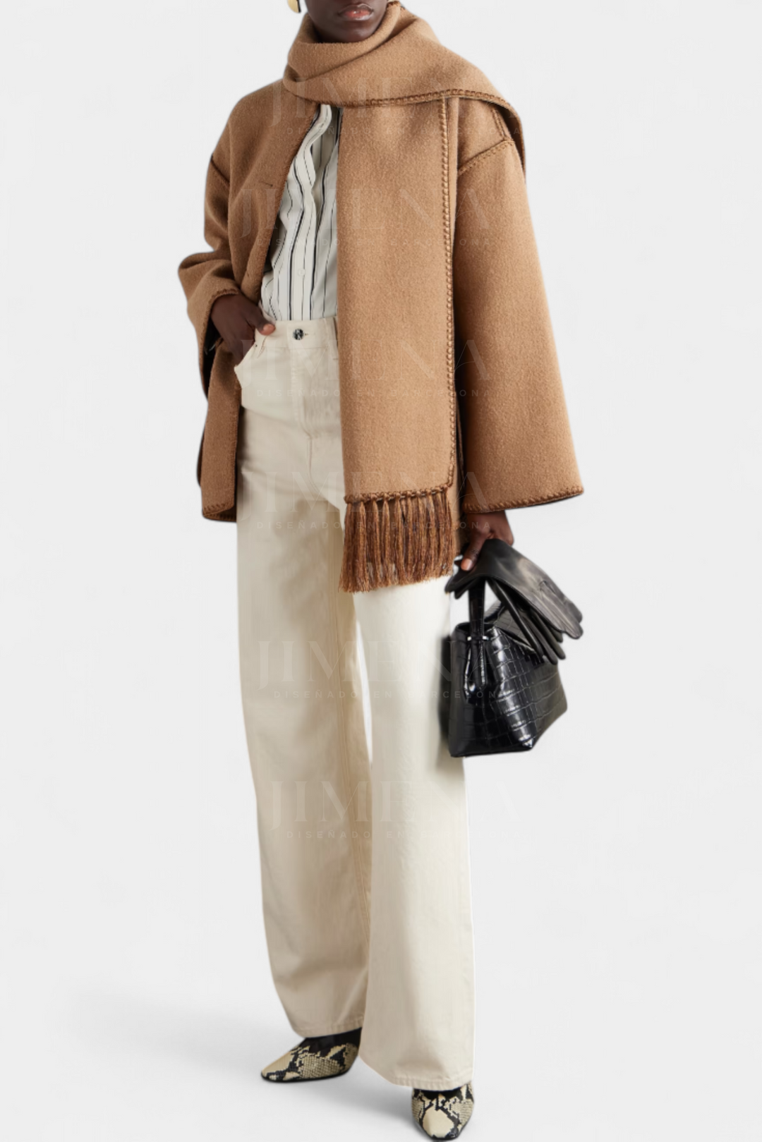 Pauline Coat Featuring Built-In Scarf and Elegant Flowing Design