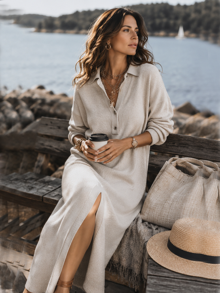 ALVA | SOFT COLLARED LONG SLEEVE MIDI DRESS