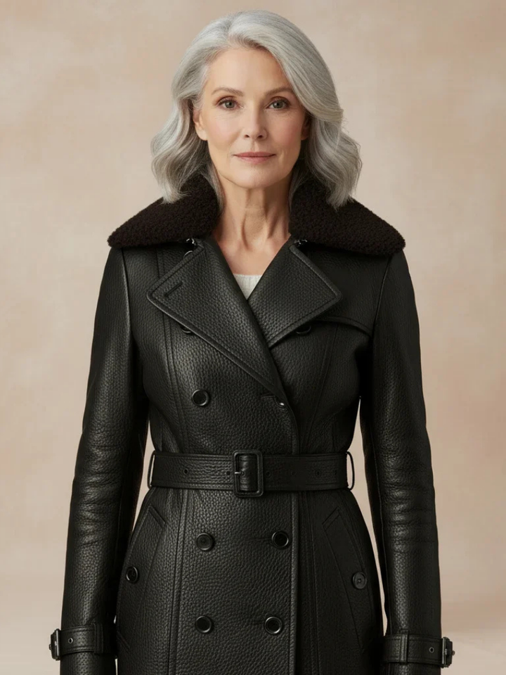 Elise™ | Double Breasted Belted Leather Trench Coat