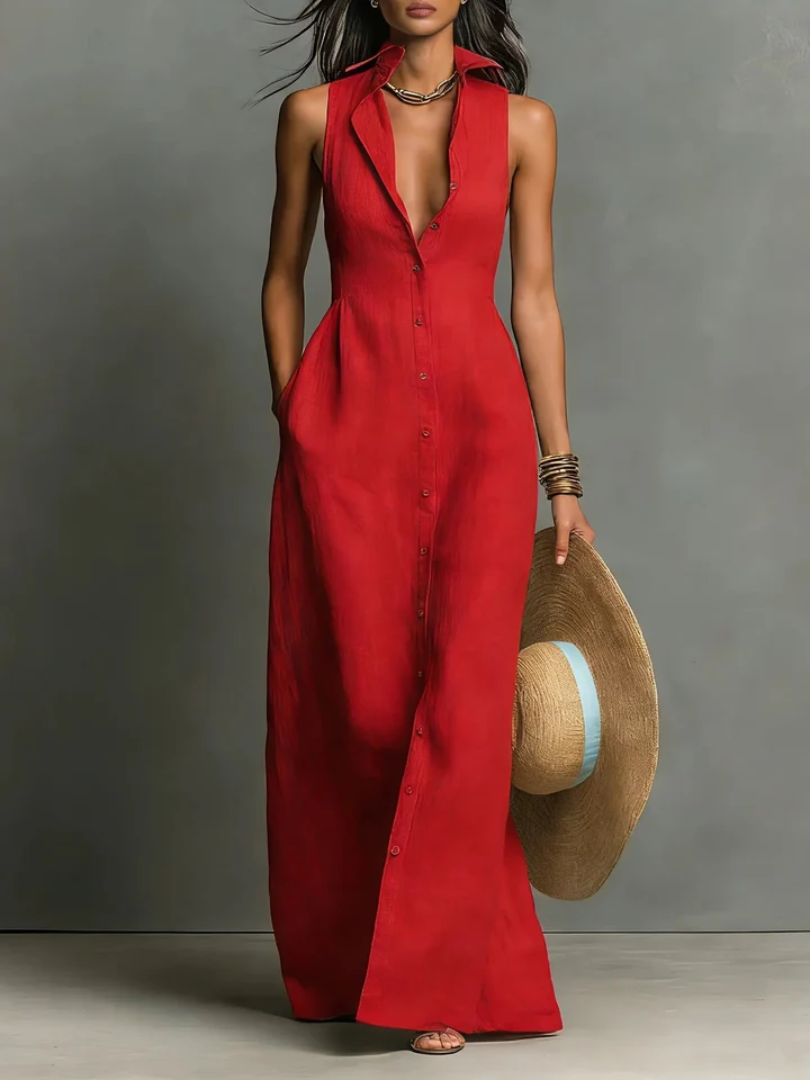 Madison™ | Women's Sleeveless Collared Linen Button-Front Maxi Dress