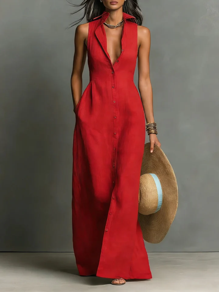 Madison™ | Women's Sleeveless Collared Linen Button-Front Maxi Dress