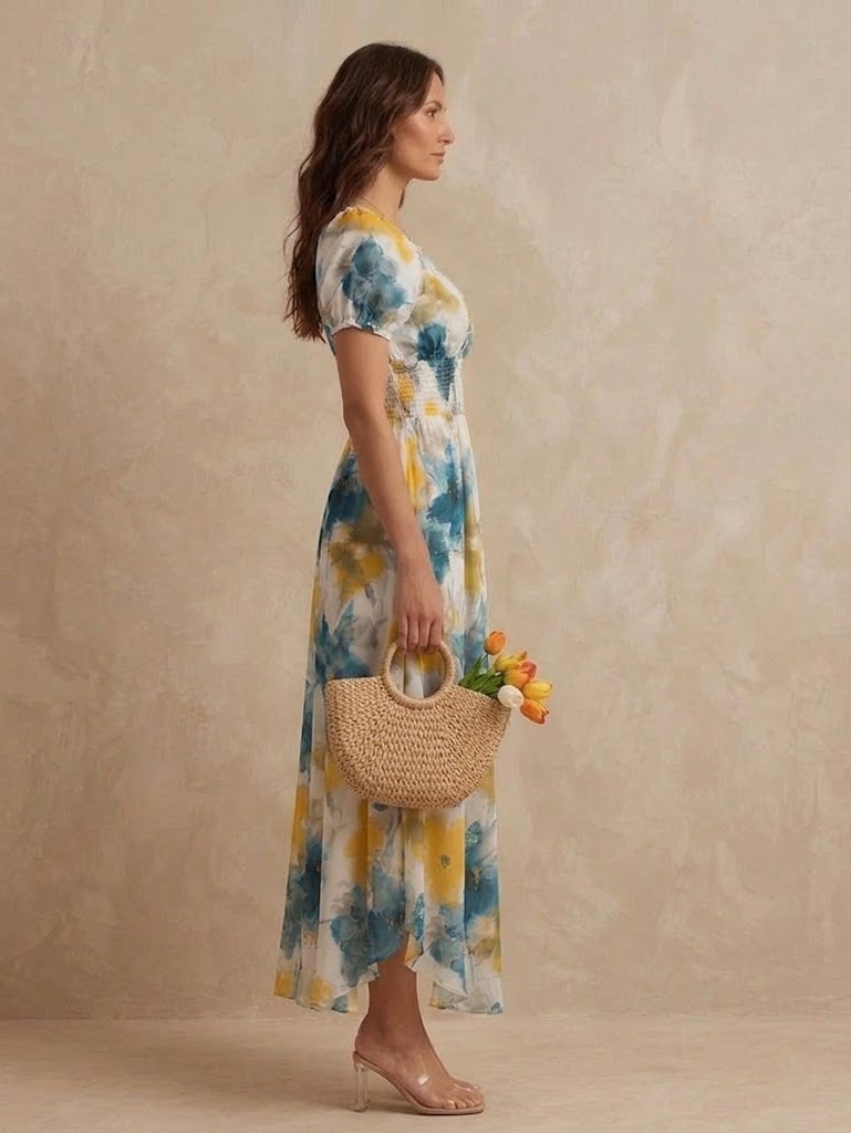 Delphine | Shirred Floral V-Neck Maxi