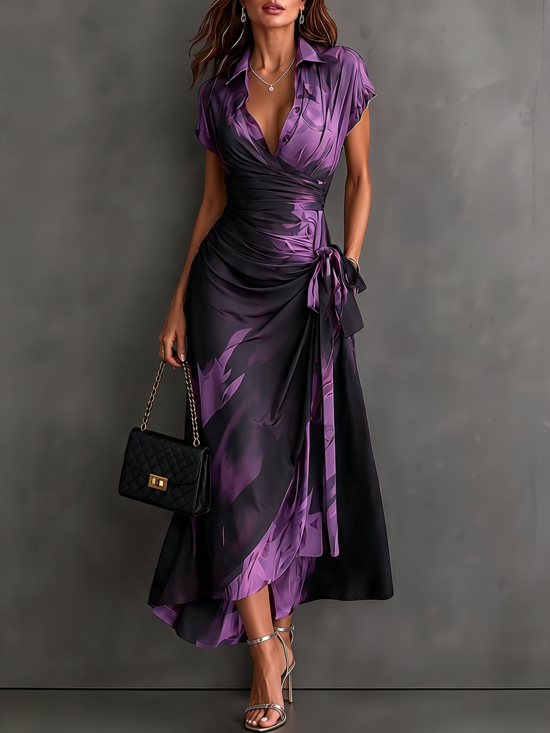 Red and Black Abstract Print Wrap Midi Dress