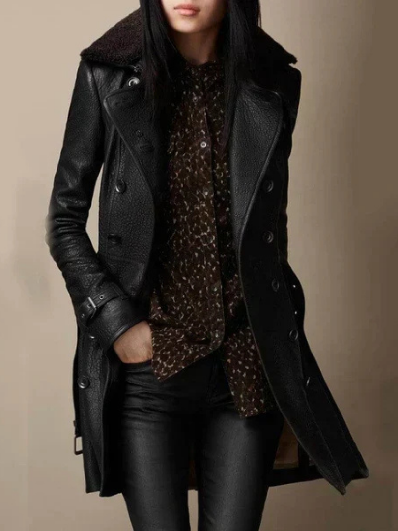 Elise™ | Double Breasted Belted Leather Trench Coat