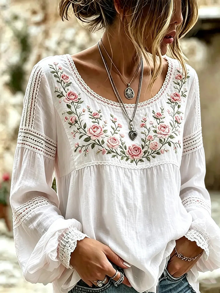 Amabel™ | Boho Floral Embroidered Blouse