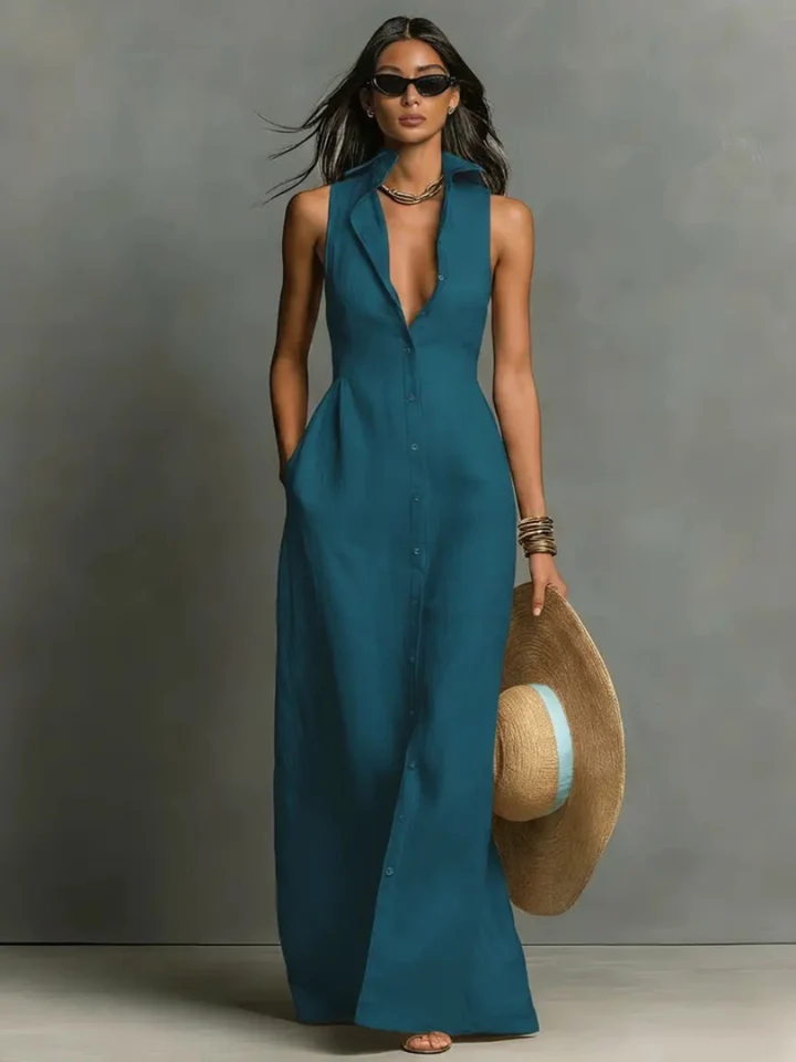 Madison™ | Women's Sleeveless Collared Linen Button-Front Maxi Dress