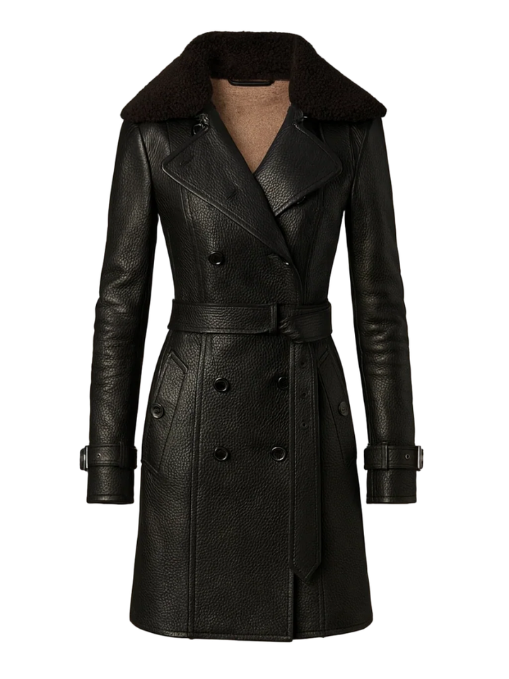 Elise™ | Double Breasted Belted Leather Trench Coat