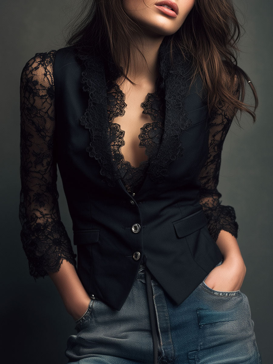 Noémie | Navy Blazer Top with Semi-Transparent Sleeves