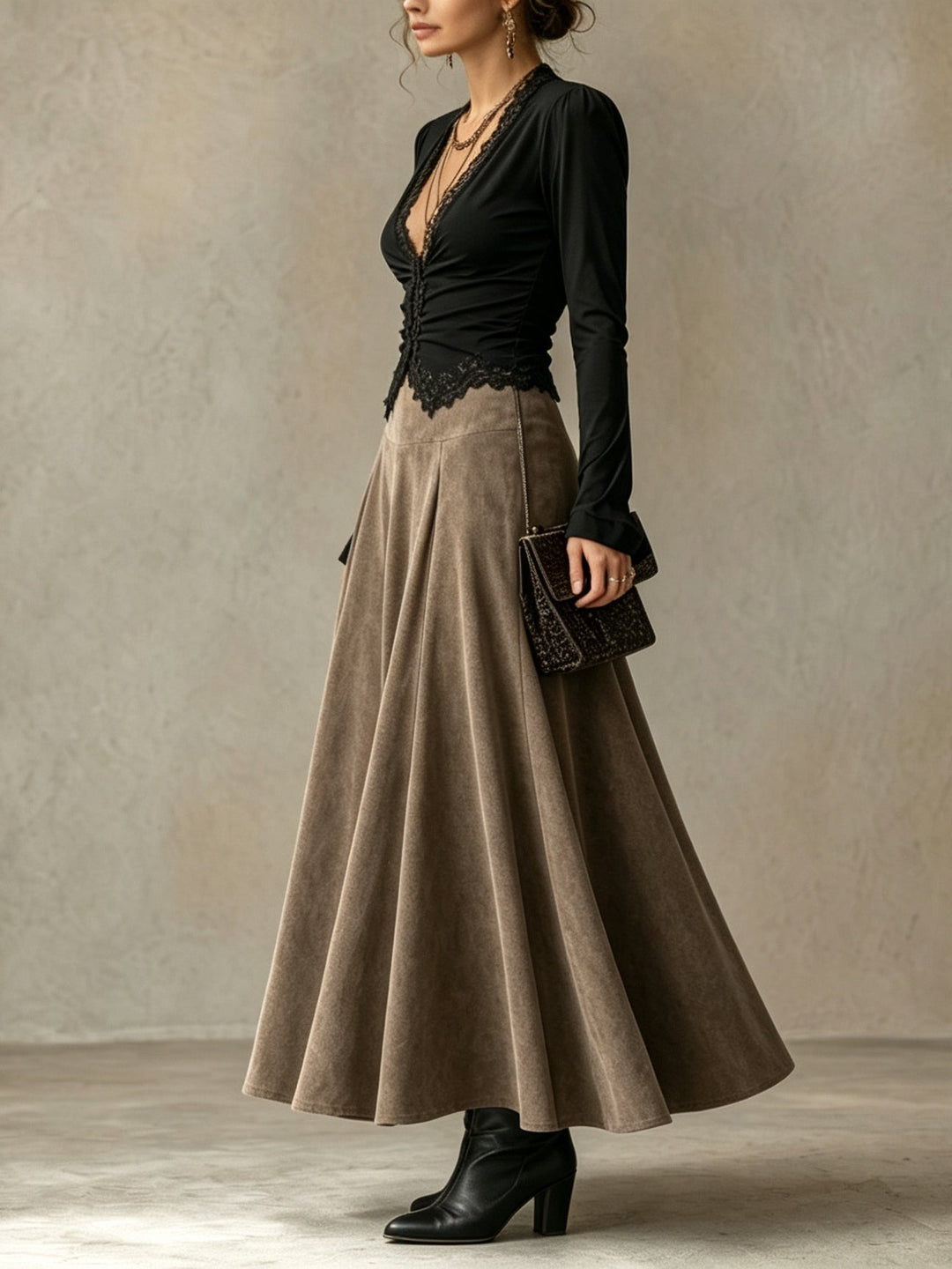 Abigail | Lace Top & Suede-Look Maxi Skirt Set