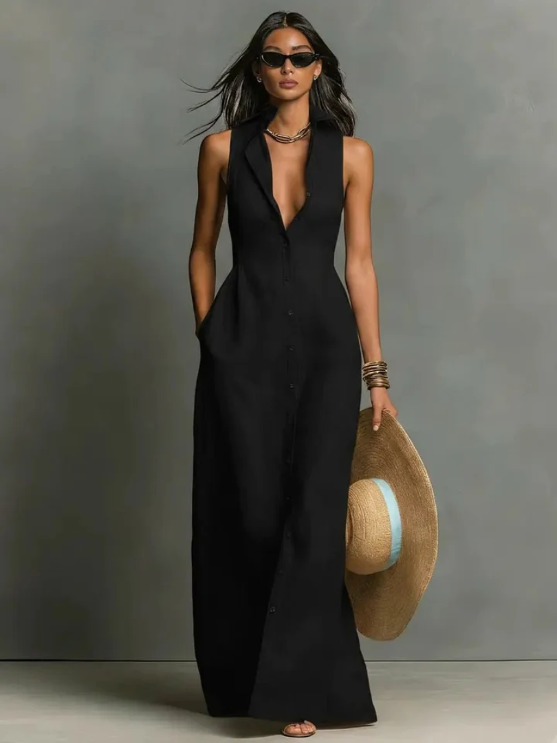 Madison™ | Women's Sleeveless Collared Linen Button-Front Maxi Dress