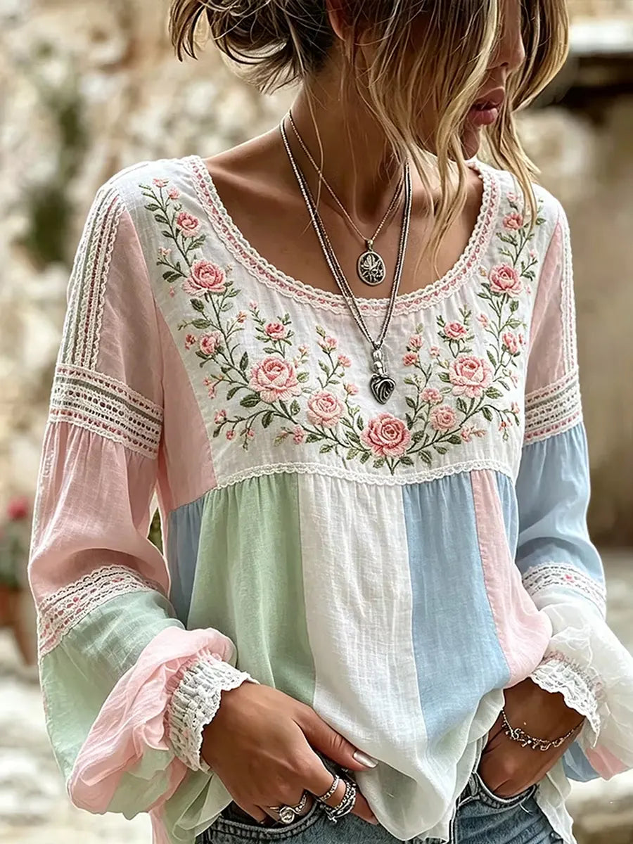 Amabel™ | Boho Floral Embroidered Blouse