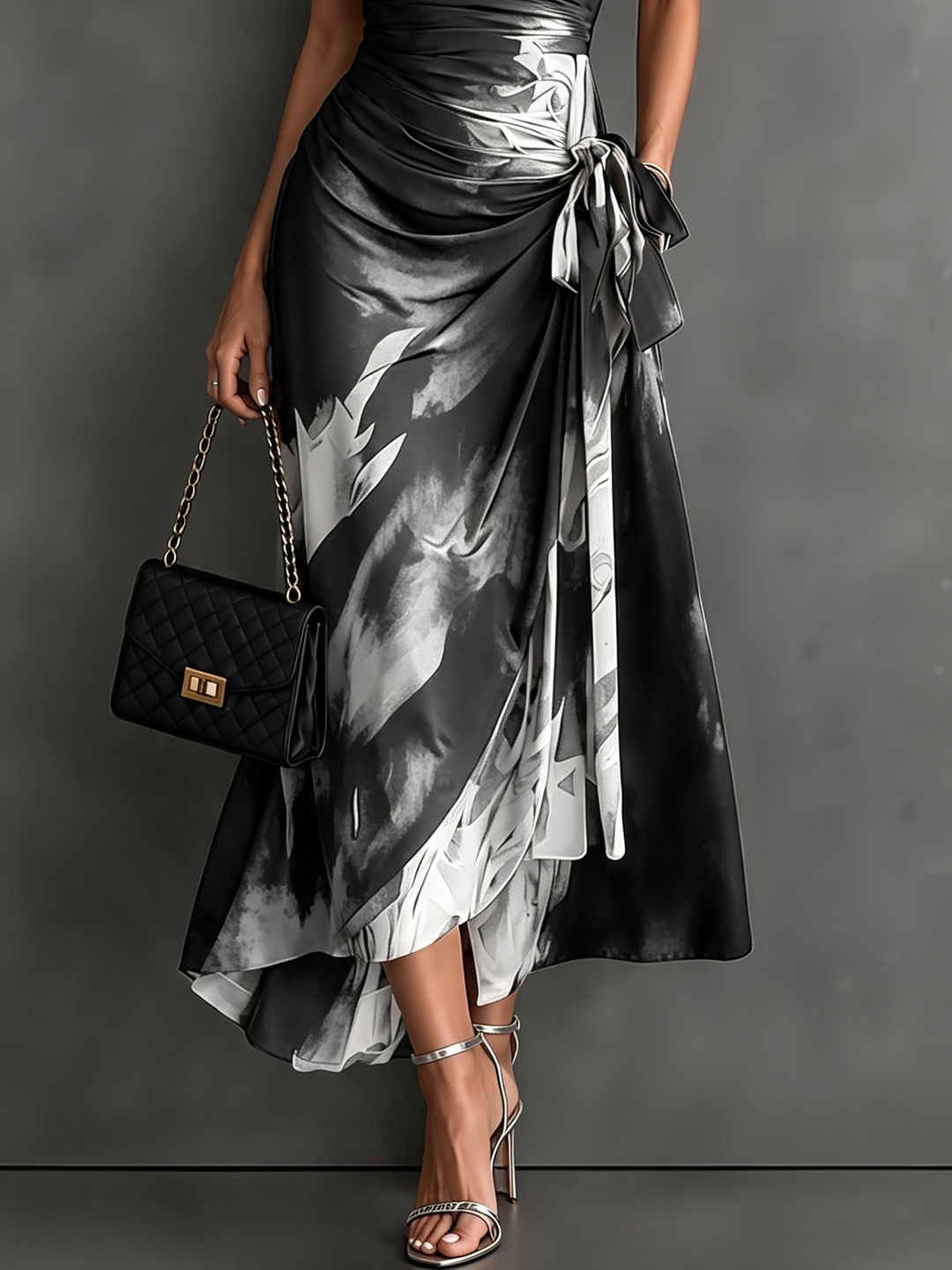Red and Black Abstract Print Wrap Midi Dress