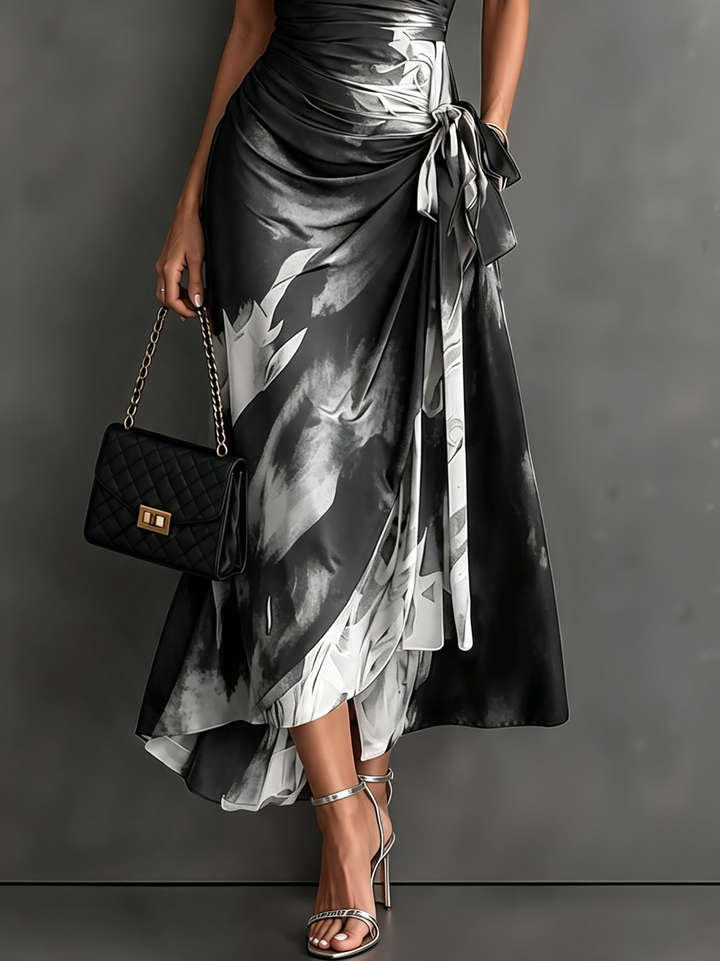 Red and Black Abstract Print Wrap Midi Dress
