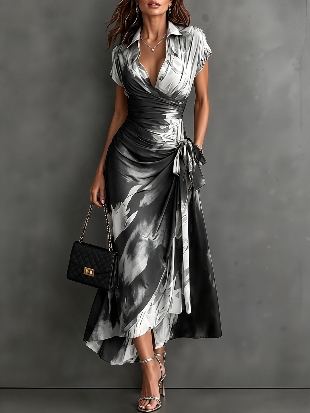 Red and Black Abstract Print Wrap Midi Dress