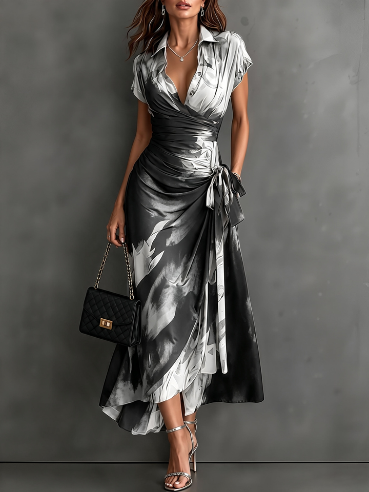 Red and Black Abstract Print Wrap Midi Dress