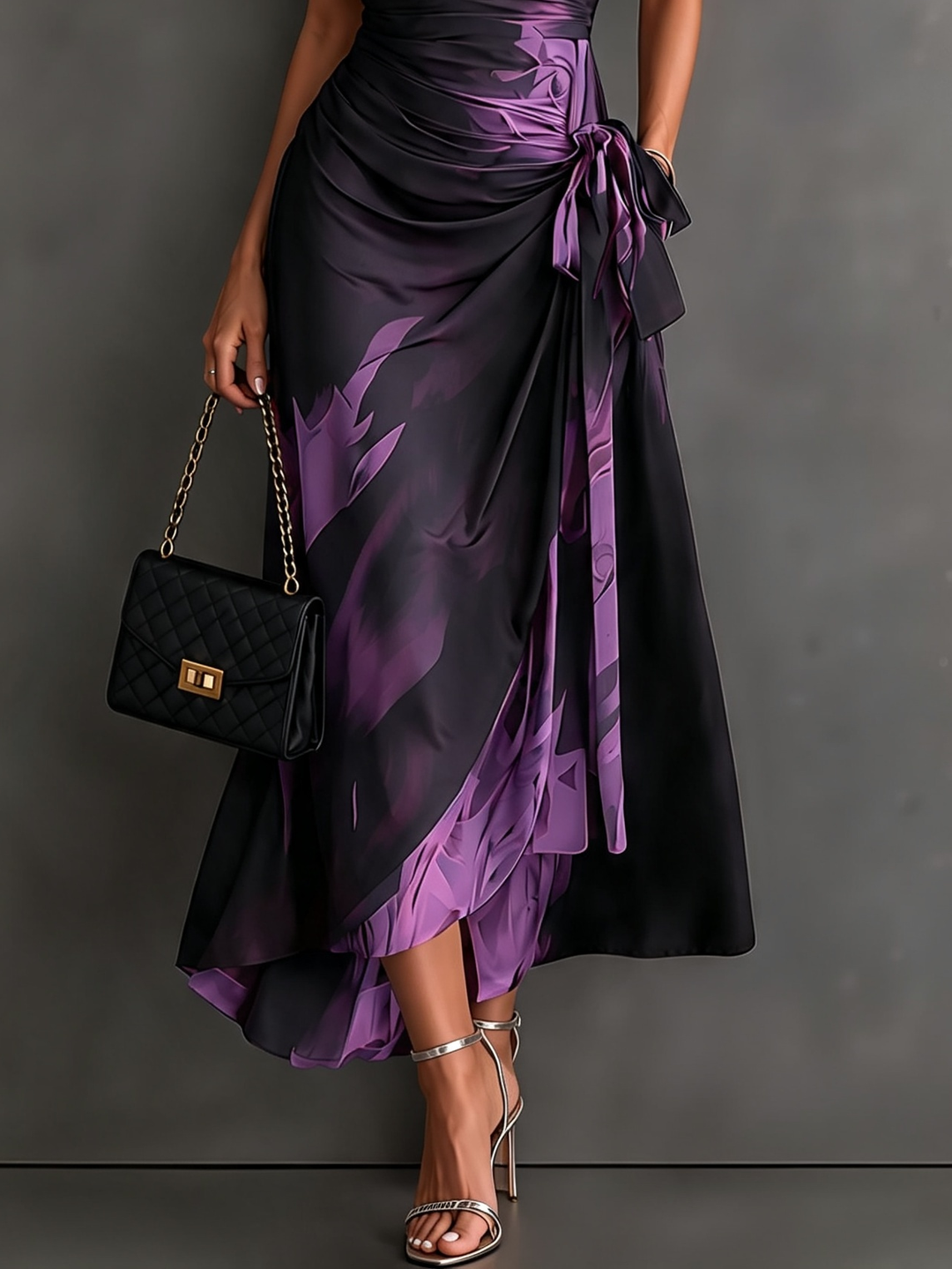 Red and Black Abstract Print Wrap Midi Dress