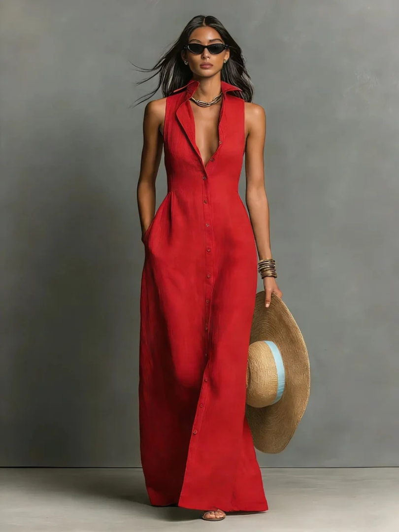 Madison™ | Women's Sleeveless Collared Linen Button-Front Maxi Dress