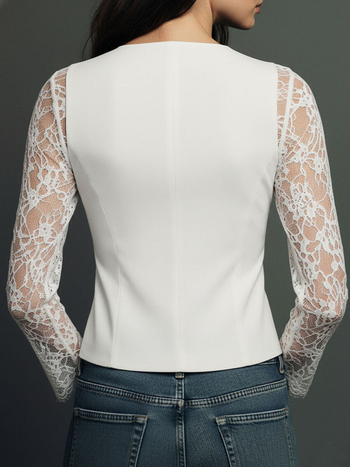 Noémie | Navy Blazer Top with Semi-Transparent Sleeves