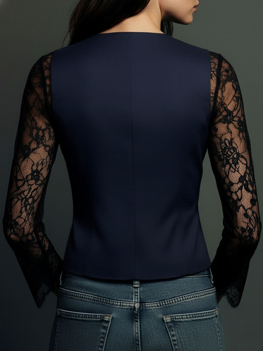 Noémie | Navy Blazer Top with Semi-Transparent Sleeves