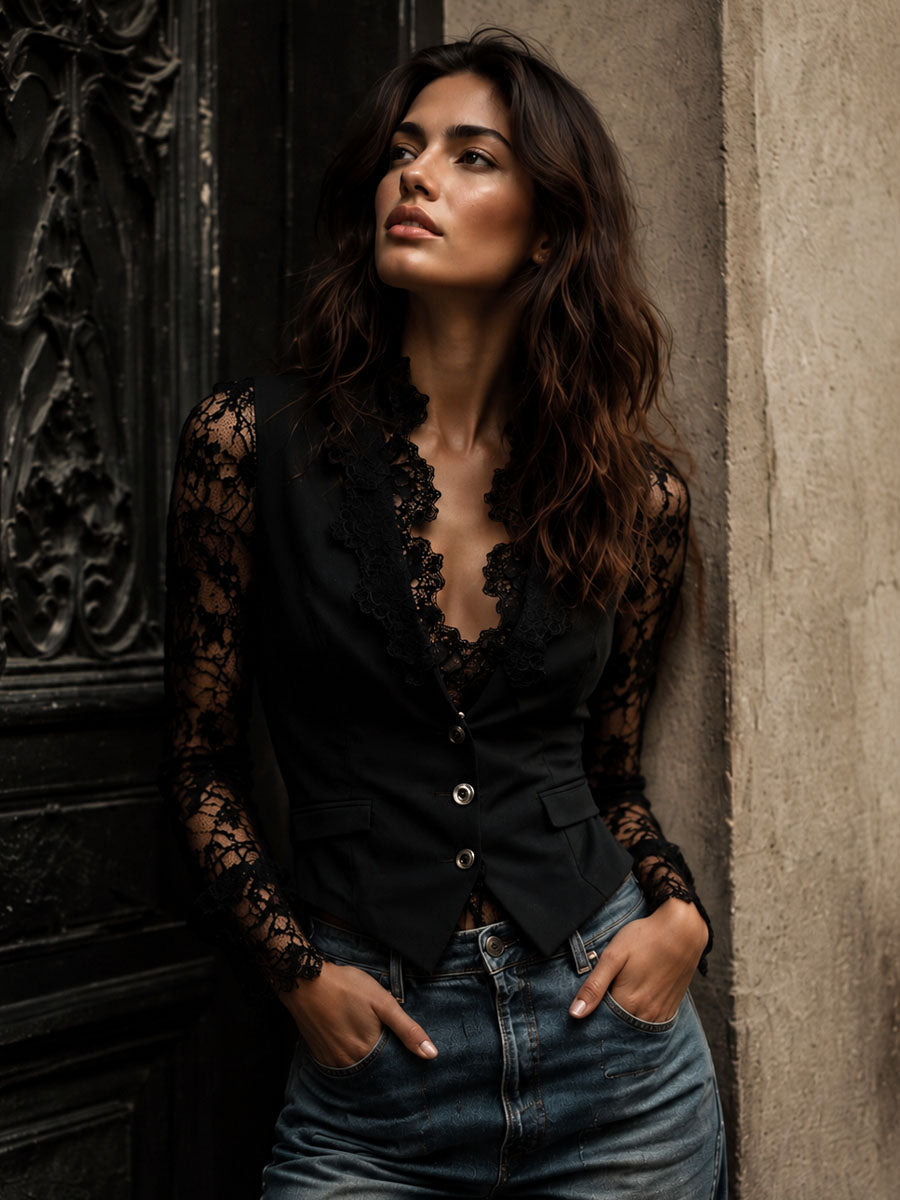 Noémie | Green Blazer Top with Semi-Transparent Sleeves