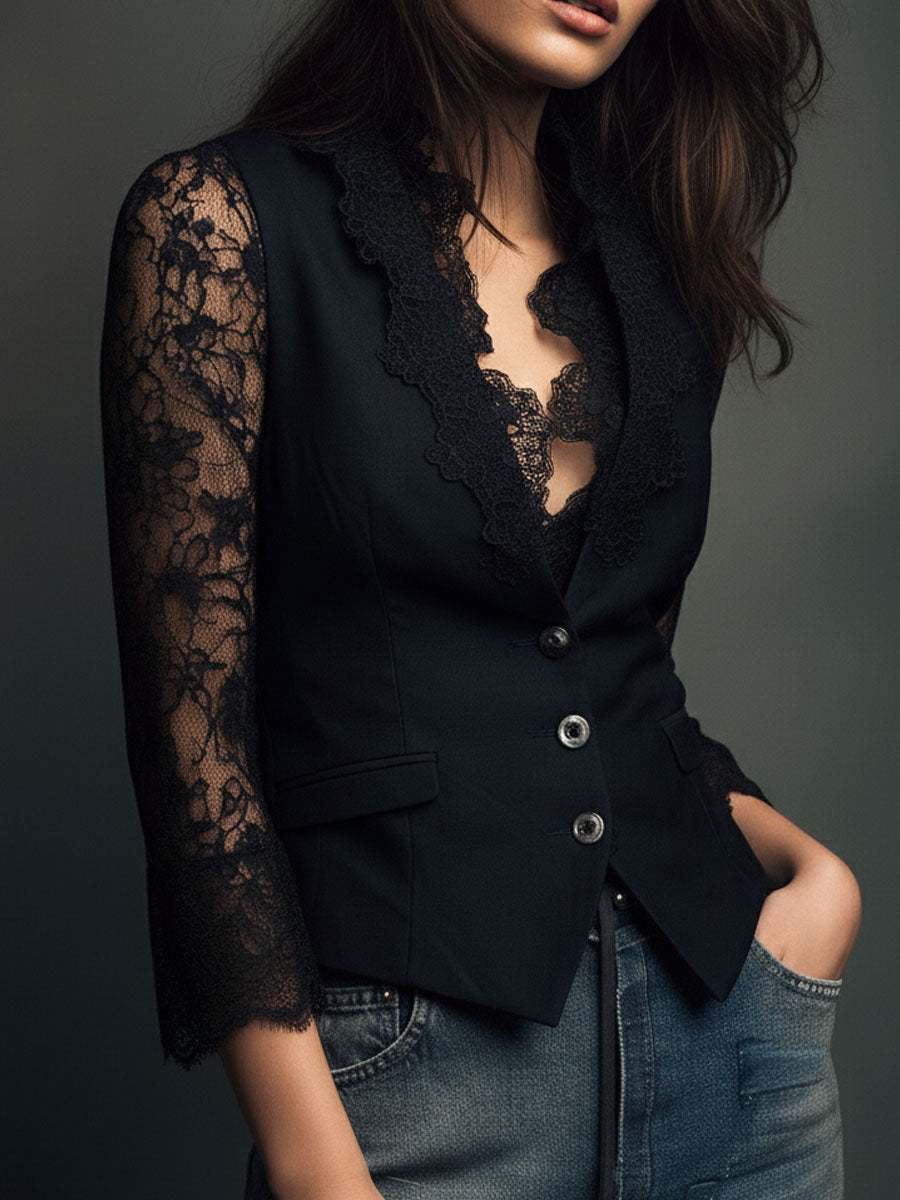 Noémie | Green Blazer Top with Semi-Transparent Sleeves