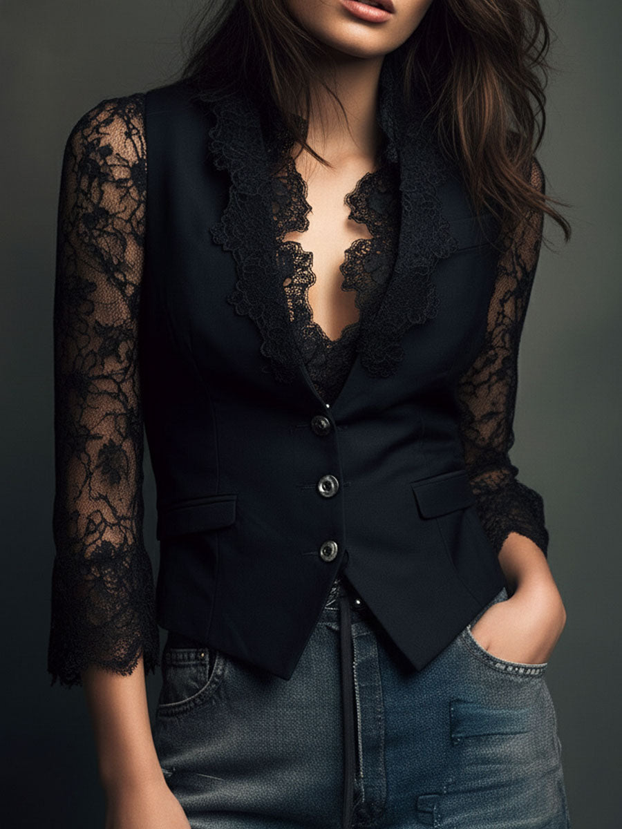 Noémie | Green Blazer Top with Semi-Transparent Sleeves