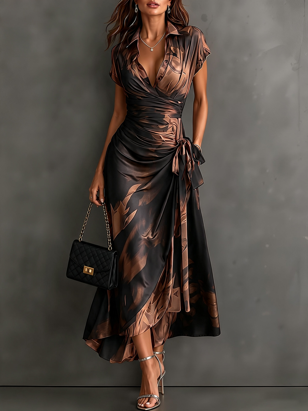 Red and Black Abstract Print Wrap Midi Dress