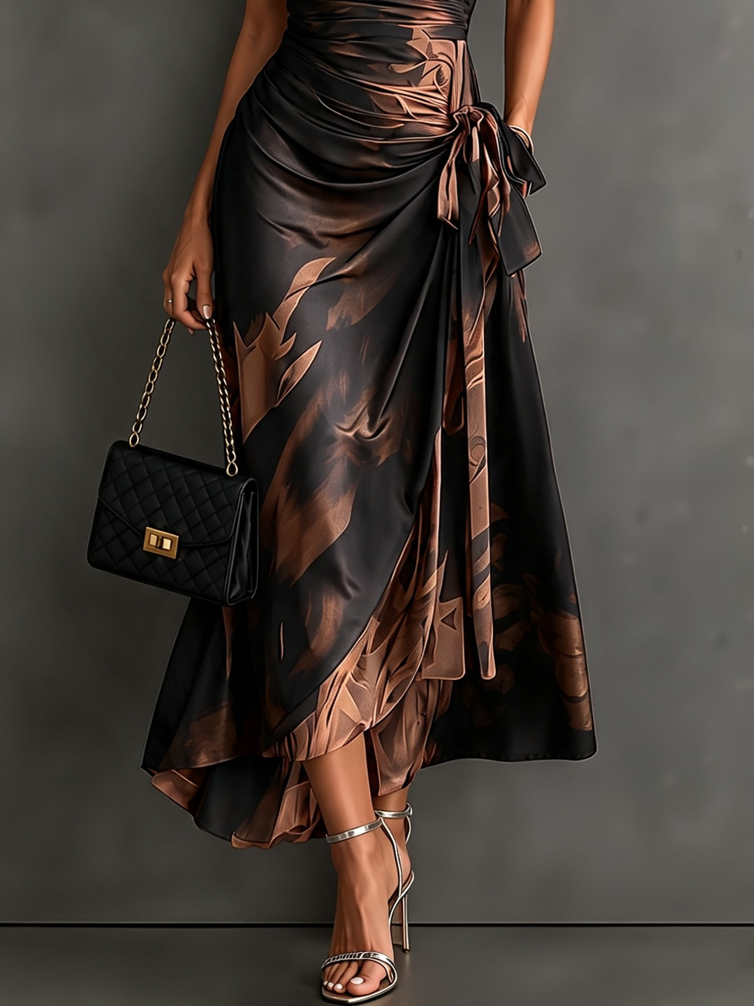 Red and Black Abstract Print Wrap Midi Dress