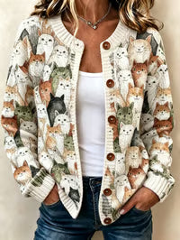 Sierra™ | Cozy Multicolor Kitty Print Knit Cardigan