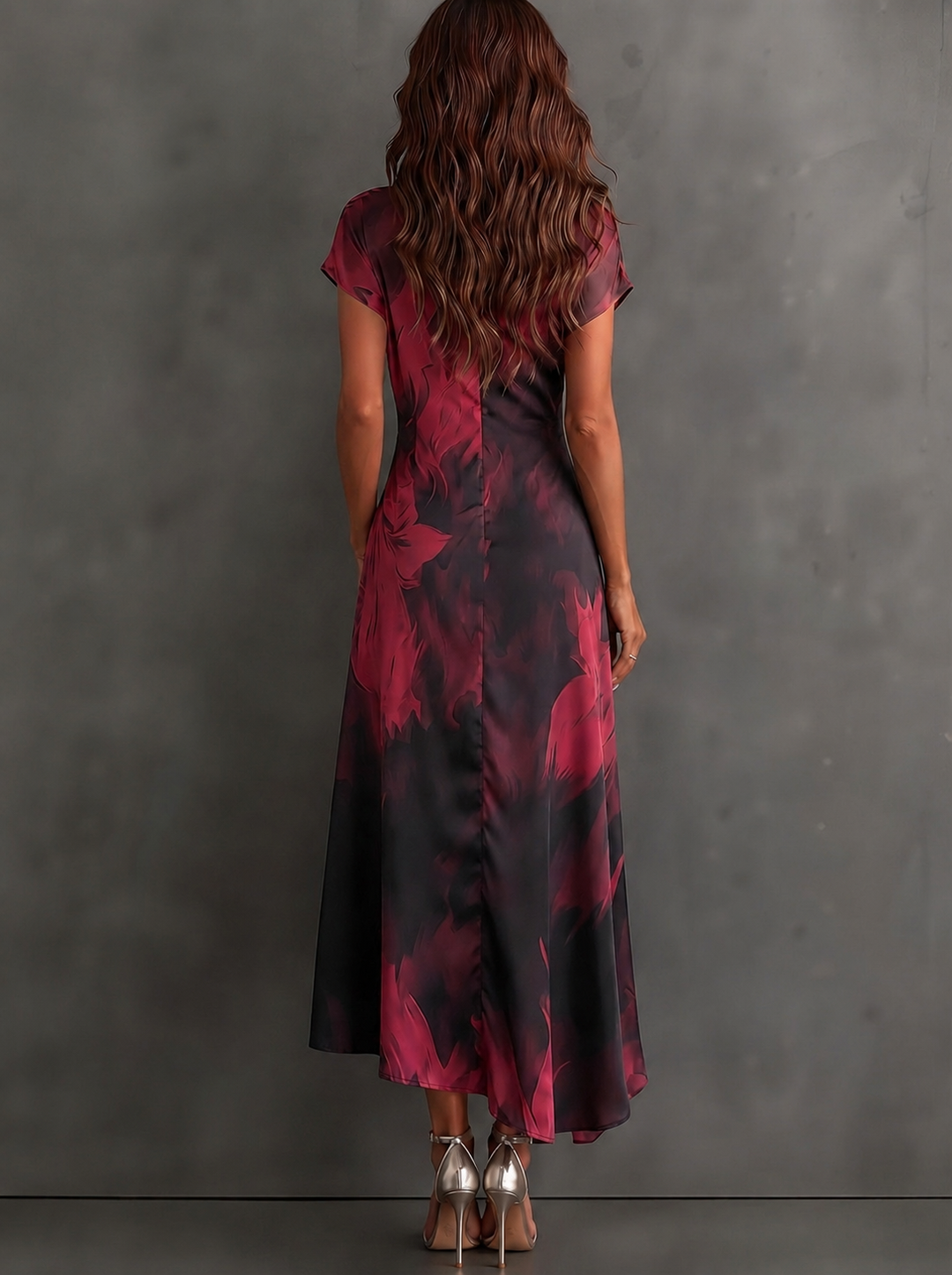 Red and Black Abstract Print Wrap Midi Dress