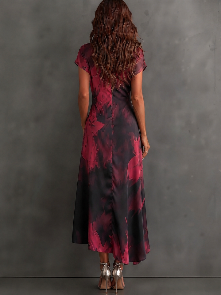 Red and Black Abstract Print Wrap Midi Dress
