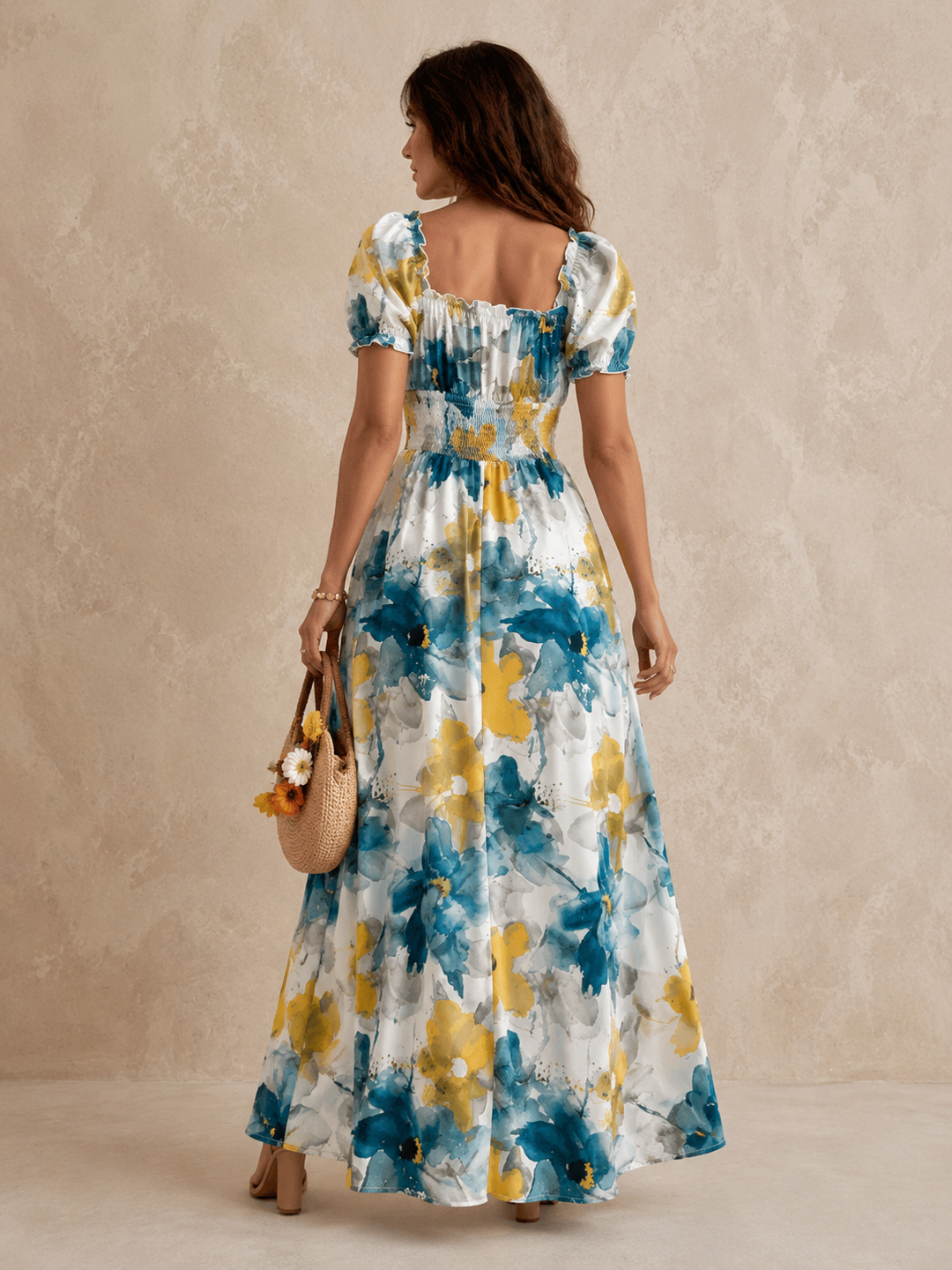 Delphine | Shirred Floral V-Neck Maxi