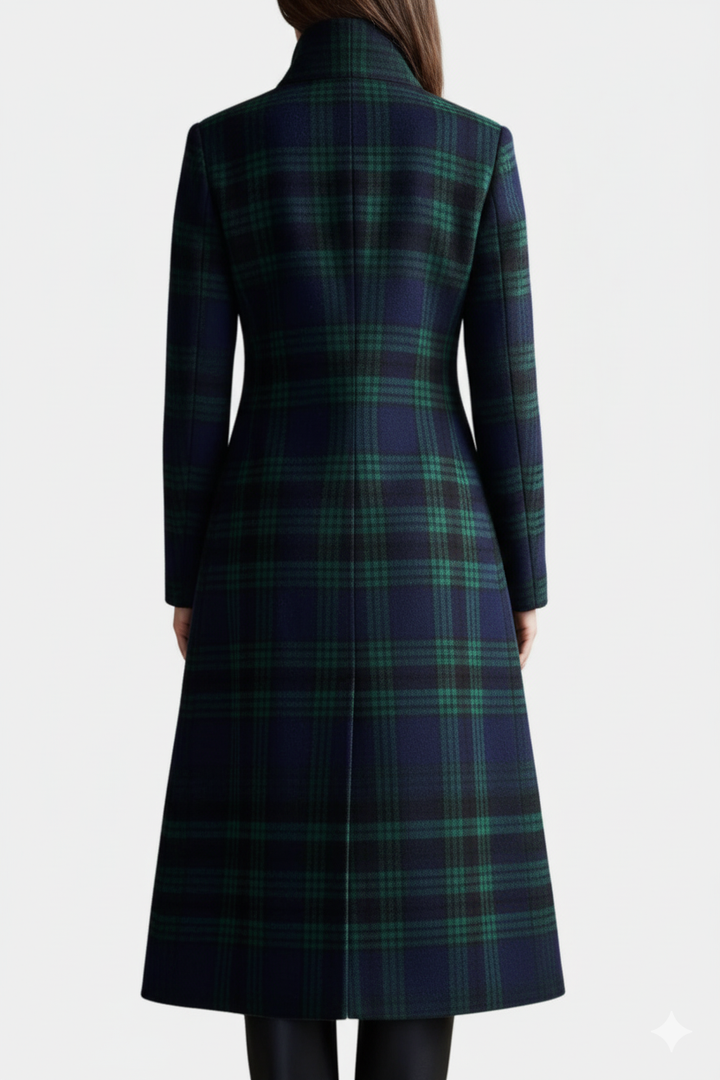 Caterina Two-Tone Blue-Green Retro Plaid Midi Coat
