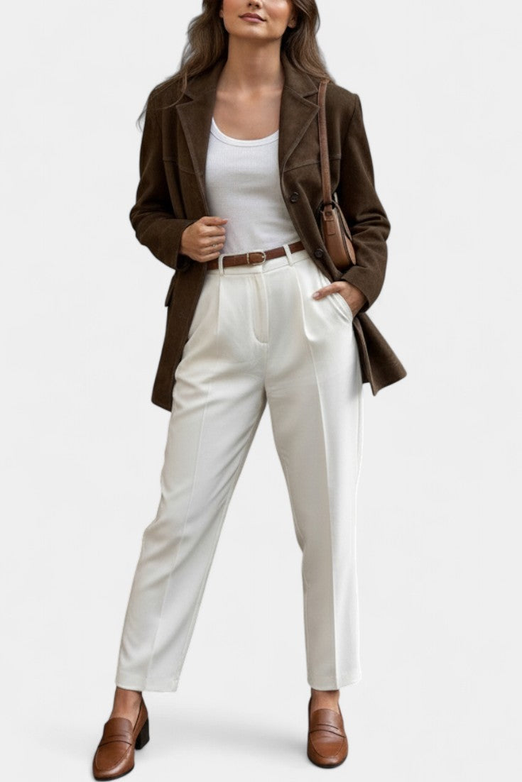 Maïa Chocolate Suede Straight Jacket featuring Notched Collar