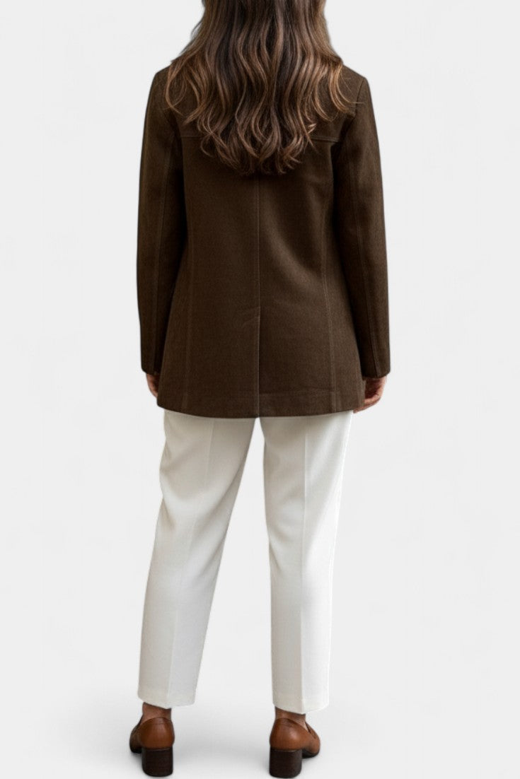 Maïa Chocolate Suede Straight Jacket featuring Notched Collar