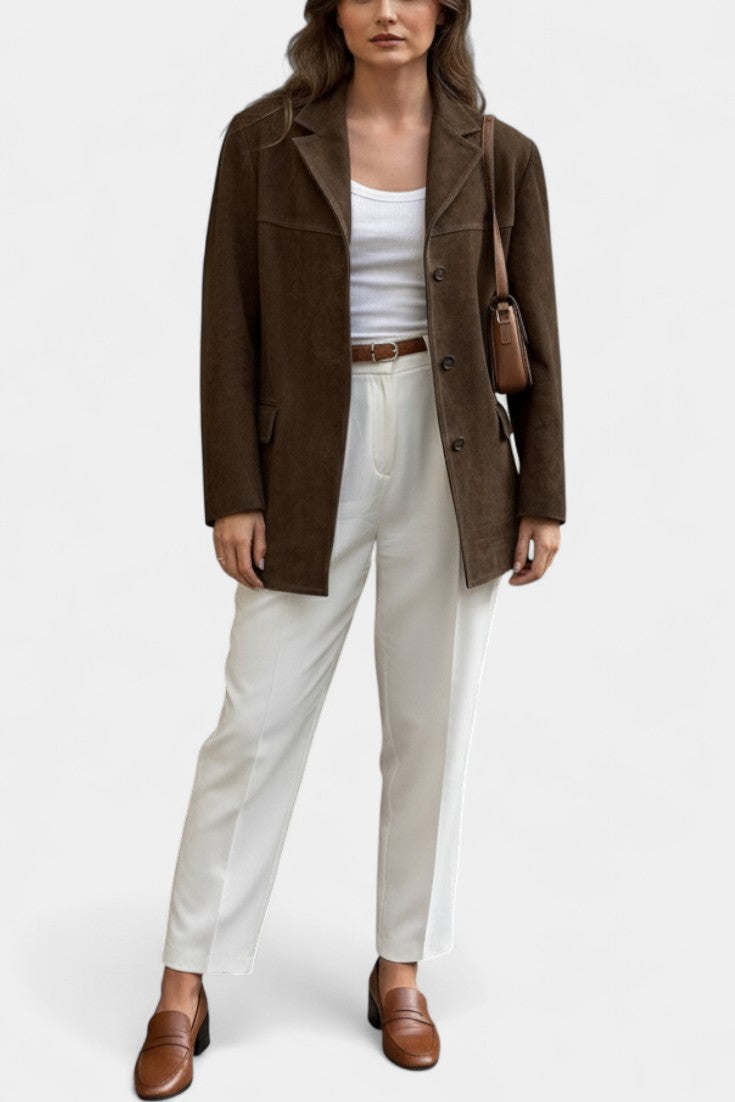 Maïa Chocolate Suede Straight Jacket featuring Notched Collar