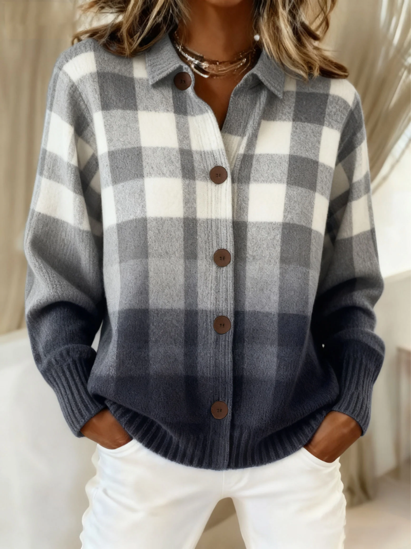 Naomi™ | Gray Ombre Plaid Button Cardigan