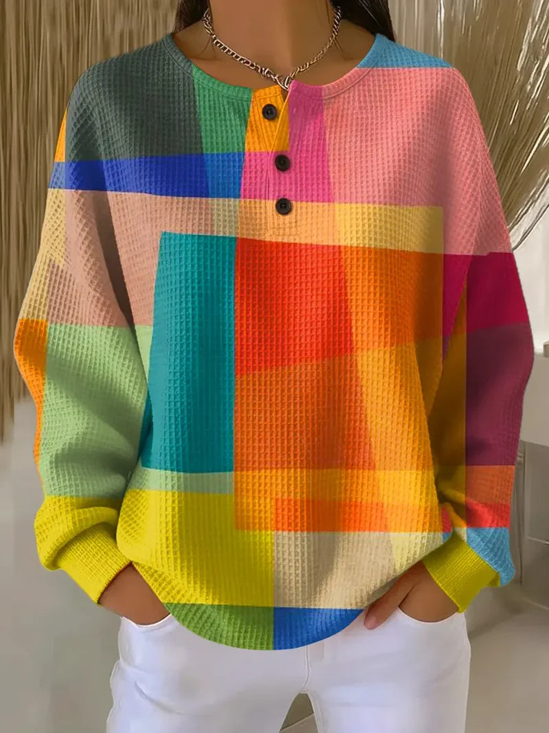 Women's Geometric Pattern Art Print Casual Waffle Sweatshirt RSWF601