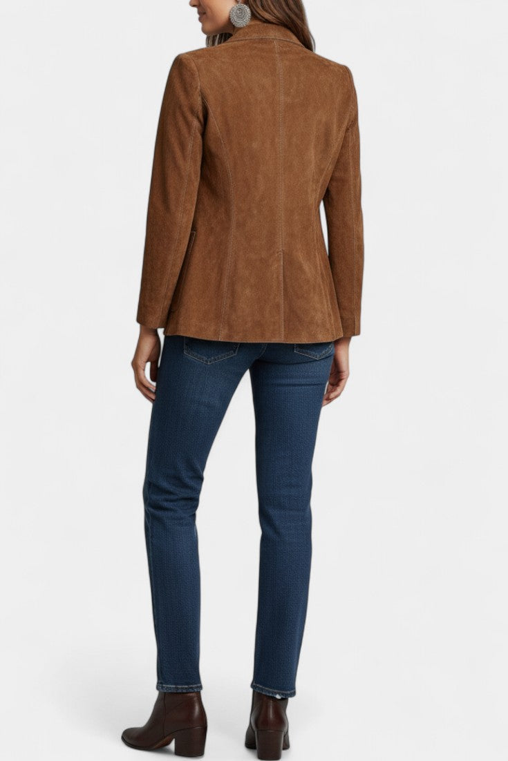 Tanja Retro Brown Suede Jacket Featuring Contrast Stitching