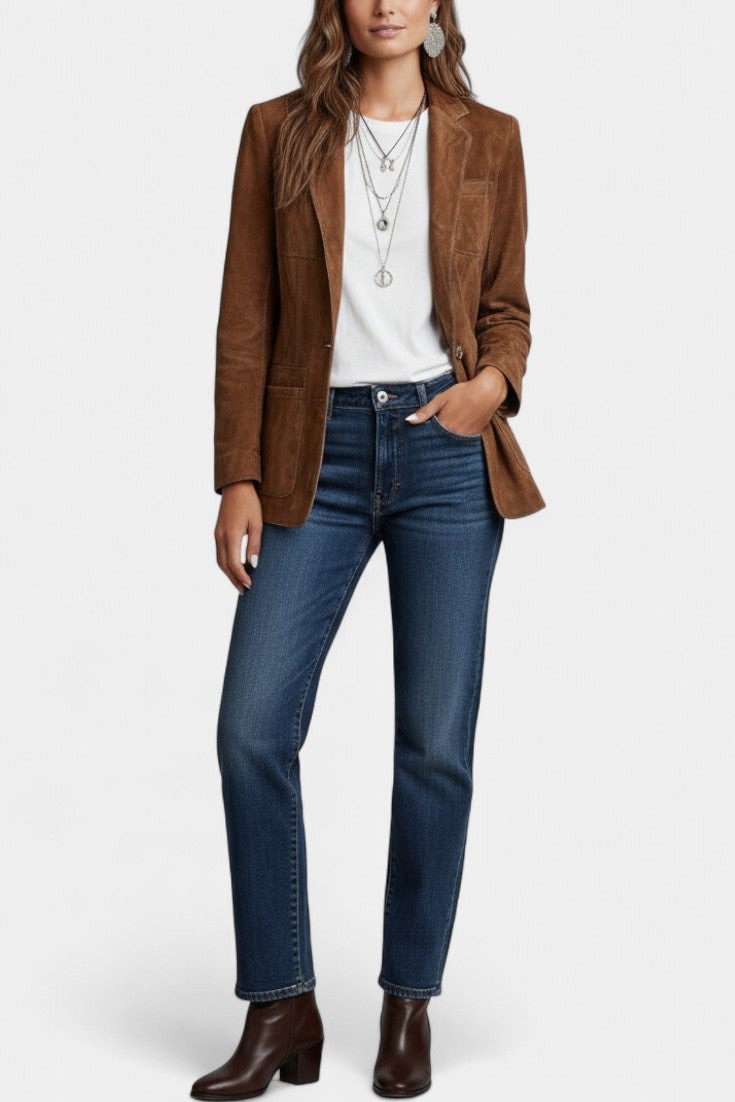Tanja Retro Brown Suede Jacket Featuring Contrast Stitching