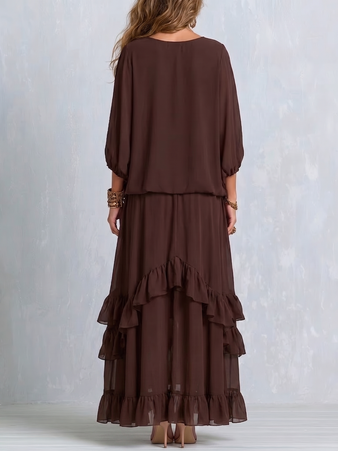 Ondine | Brown Chiffon Top with Fringes and Flared Skirt