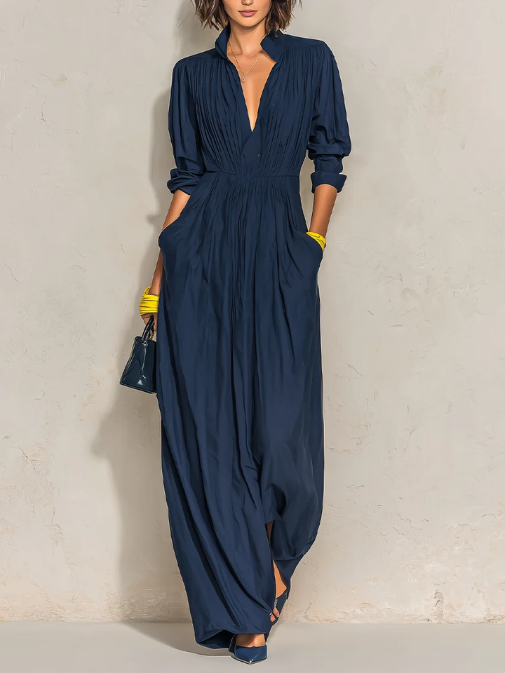 Nora | Navy Pleated V-Neck Maxi Dress