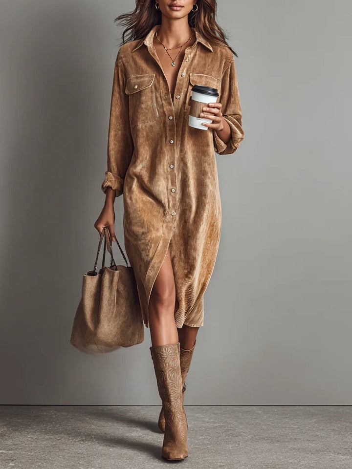 Béatrice | Midi Dress in Corduroy with Pockets and Single Button Closure