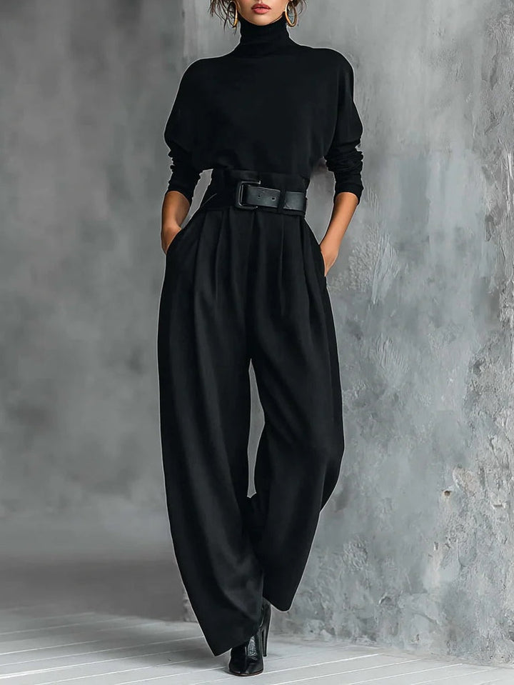Noëlla | Black Turtleneck Top and Straight Pants Set