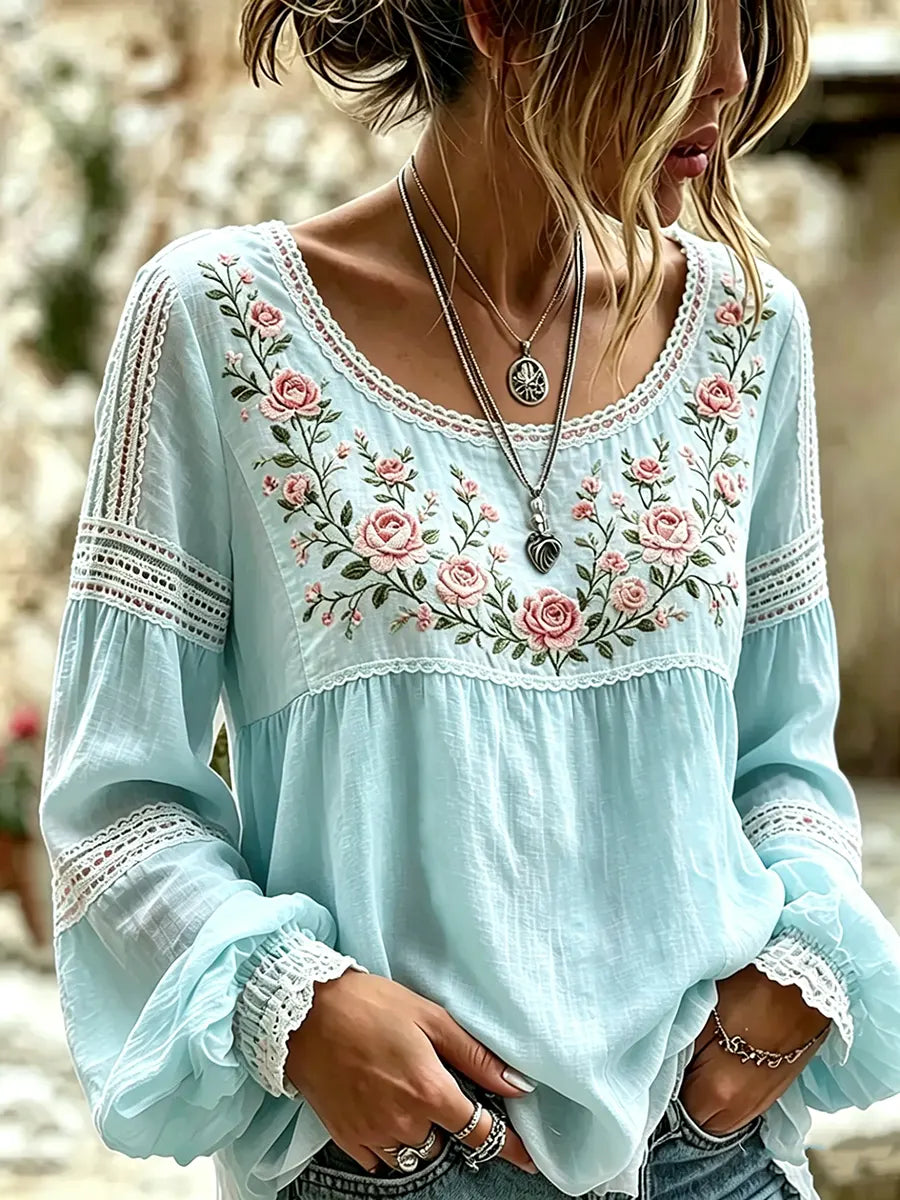 Amabel™ | Boho Floral Embroidered Blouse