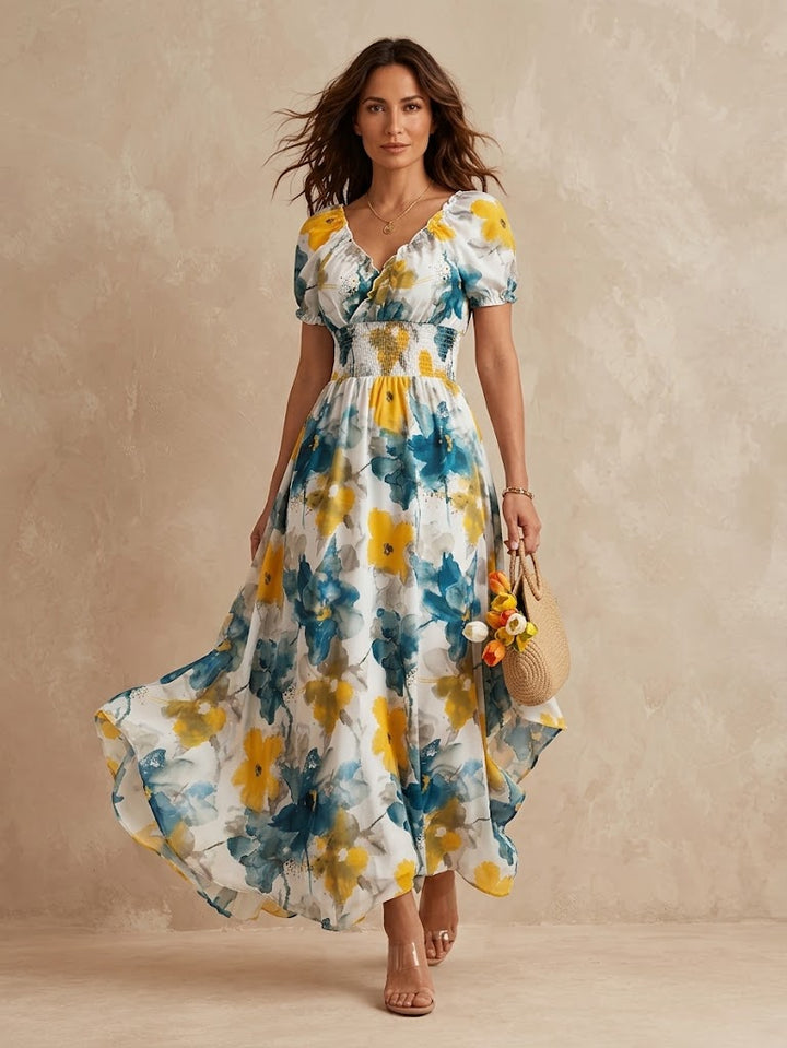 Delphine | Shirred Floral V-Neck Maxi